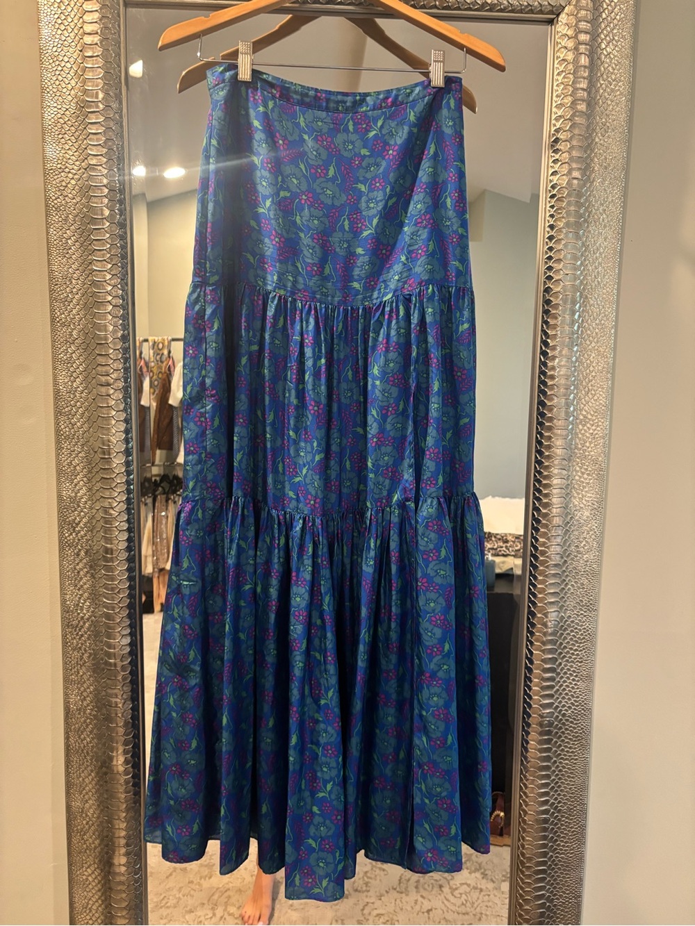 Veronica Beard Serence Blue Floral Tiered Maxi Skirt 100% silk
